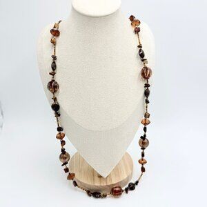 Long Brown Glass Beaded Necklace Earth Tone Boho Statement